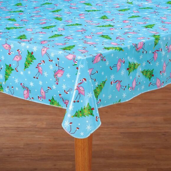 Festive Pink Flamingos Vinyl Tablecoth 60 X 90-in Holiday Blue Green Gift NEW - Picture 3 of 3
